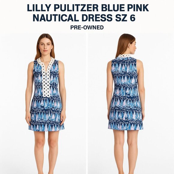 LILLY PULITZER BLUE PINK NAUTICAL DRESS SZ 6 - Picture 1 of 8